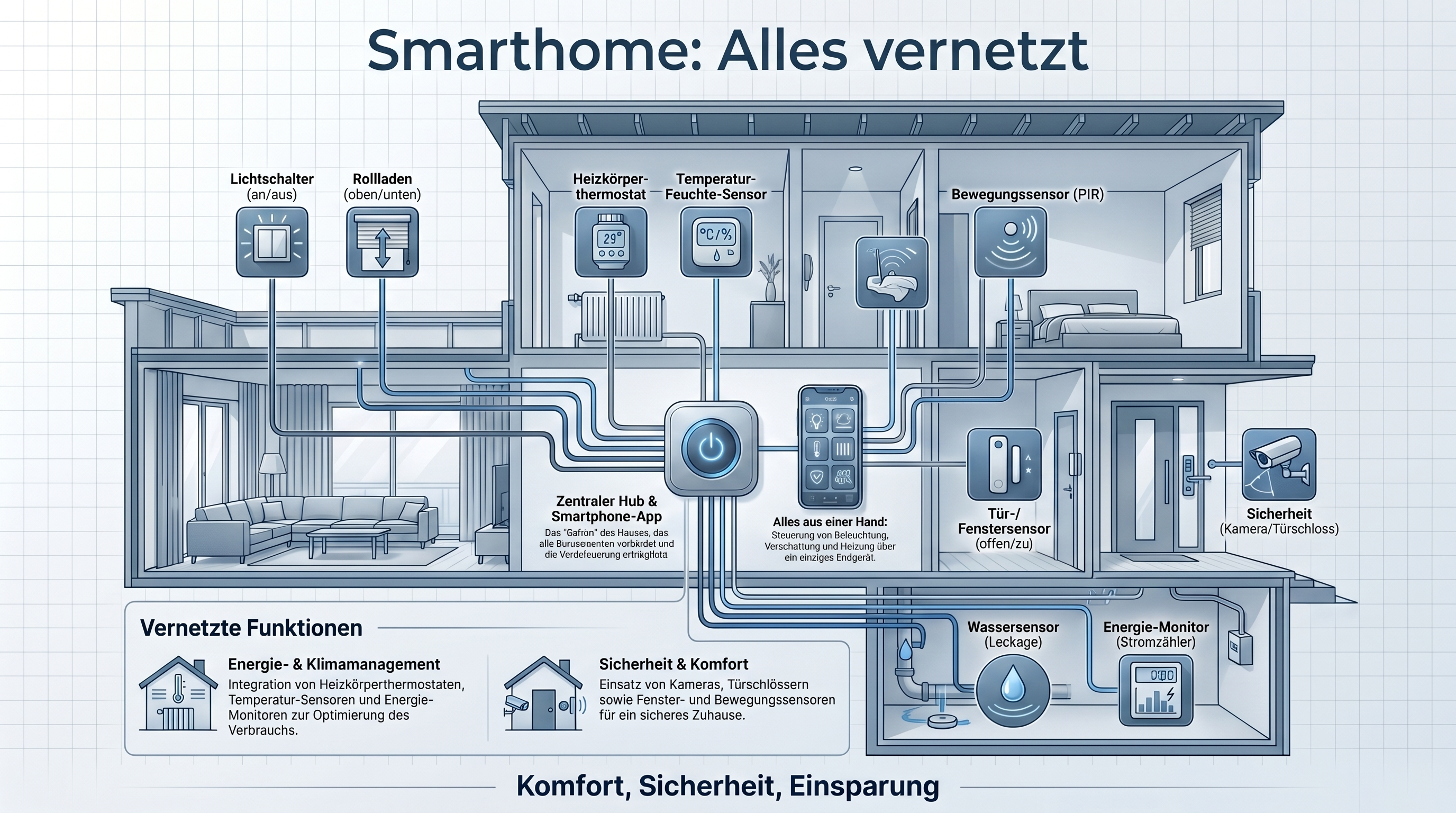 Smarthome-Vernetzung: Haus mit Sensoren und App-Steuerung